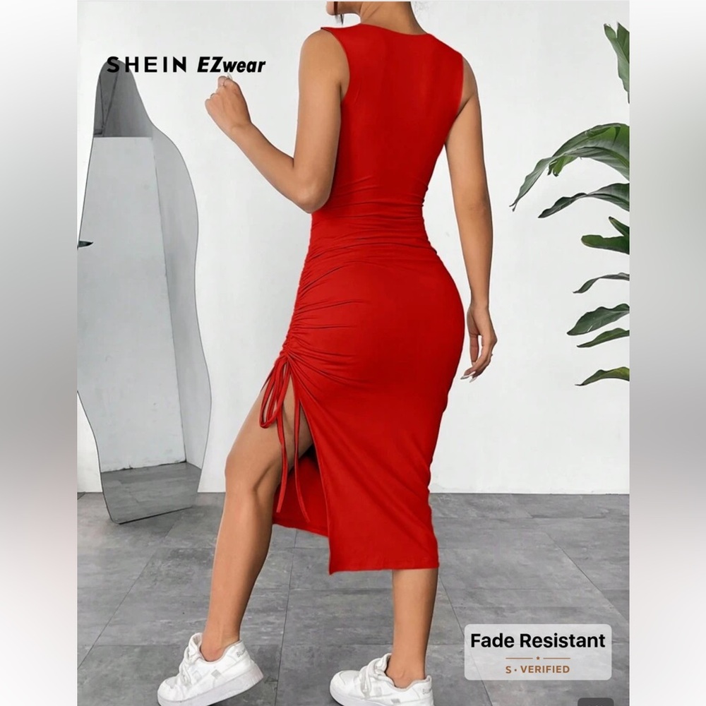 SHEIN Red Ruched Side-Tie Midi Dress Skirt - Picture 2 of 3